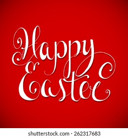 Vector illustration of Happy Easter Hand lettering Greeting Card. calligraphic inscription on a red velvet background.