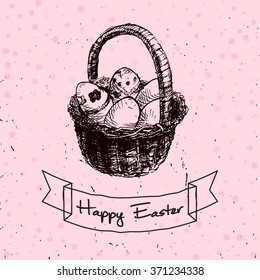 Vector Illustration of Happy Easter Hand Drawn Set for Design, Website, Background, Banner. Ink Rabbit, egg, willow and cake Holiday Element Template