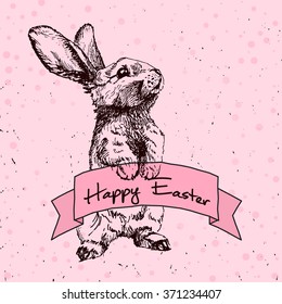 Vector Illustration of Happy Easter Hand Drawn Set for Design, Website, Background, Banner. Ink Rabbit, egg, willow and cake Holiday Element Template