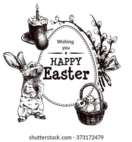 Vector Illustration of Happy Easter Hand Drawn Set for Design, Website, Background, Banner. Ink Rabbit, egg, willow and cake Holiday Element Template