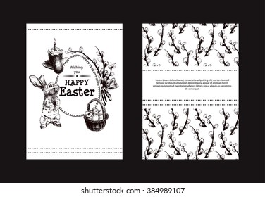 Vector Illustration of Happy Easter Hand Drawn Set for Design, Website, Background, Banner. Ink Rabbit, egg, willow and cake Holiday Element Template