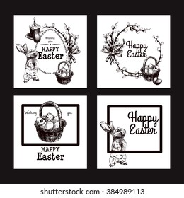 Vector Illustration of Happy Easter Hand Drawn Set for Design, Website, Background, Banner. Ink Rabbit, egg, willow and cake Holiday Element Template