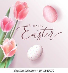 Vector illustration. Happy Easter handwritten lettering. Happy Easter typography vector design for greeting cards and poster. Design template celebration. Vector illustration.