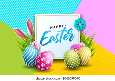 Vector Illustration Happy Easter Holiday and Painted Egg  Rabbit Ears   Flower Colorful Background  International Spring Celebration Design and Typography for Greeting Card  Party Invitation