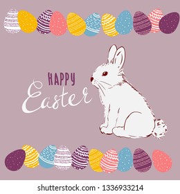 Vector Illustration of Happy Easter Holiday with Painted Egg, Rabbit. International Spring Celebration Design with Typography for Greeting Card, Party Invitation. hand drawing