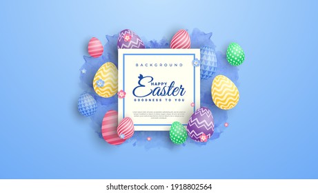 Vector Illustration of Happy Easter Holiday with Painted Egg, blue Background. International Spring Celebration Design with Typography for Greeting Card, Party Invitation