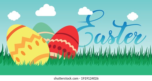Vektorgrafik von Frohen Ostern Urlaub mit Ei, Blume. International Celebration Design mit Typografie für Grußkarte, Party Invitation oder Promotion Poster.
