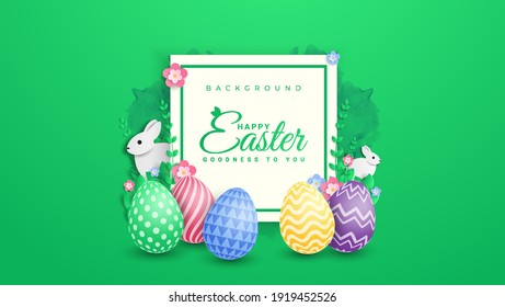 Vector Illustration of Happy Easter Holiday with Painted Egg, Rabbit and Flower on green Background. International Spring Celebration Design with Typography for Greeting Card, Party Invitation