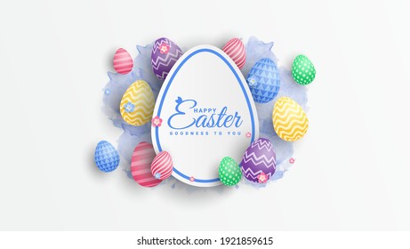 Vector Illustration of Happy Easter Holiday with Painted Egg, white Background. International Spring Celebration Design with Typography for Greeting Card, Party Invitation