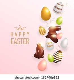 Vector illustration of Happy Easter Holiday with different eggs, chocolate rabbit and chicken. International Spring celebration design with typography for Greeting card, invitation for a party