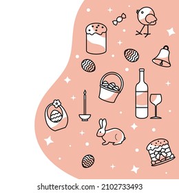 Vector illustration Happy Easter. Holiday. Surprise. Easter cake, decorated eggs in basket, chicken, wine, bell, candle, bunny. Festive background