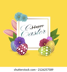Vector Illustration of Happy Easter Holiday with Painted Egg, Rabbit Ears and Flower on yellow background.International Spring Celebration Design with Typography for Greeting Card, Party Invitation