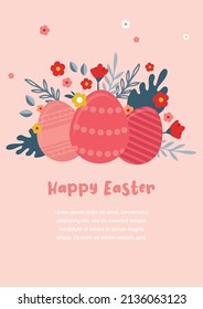 Vector Illustration of Happy Easter Holiday with Painted Egg, and Flower on pink Background. International Spring Celebration Design with Typography for Greeting Card, Party Invitation