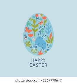 Vector Illustration of Happy Easter Holiday with Painted Egg, Rabbit Ears and Flower