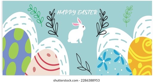 Vector Illustration of Happy Easter Holiday with Painted Egg, Rabbit Ears and Flower on Shiny Blue Background. International Celebration Design with Typography for Greeting Card, Party Invitation or