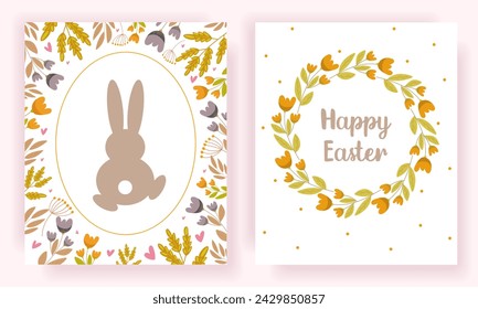 Vector Illustration of Happy Easter Holiday with Painted Rabbit, wreath, Flower on white Background. International Spring Celebration Design with Typography for Greeting Card, Party Invitation