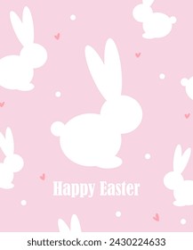 Vector Illustration of Happy Easter holiday with painted white rabbit on light pink background. International Spring Celebration Design with Typography for Greeting Card, Party Invitation