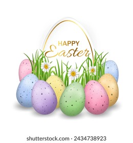 Vektor-Illustration für Happy Easter Urlaub mit realistischen bunten pastellfarbenen gesprenkelten Ostereiern, Frühlingsgras und Blumen isolieren auf einem weißen Hintergrund. Ostern-Grußkarte.