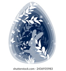 Vector illustration. Happy Easter holiday banner with layered cut out paper egg, bunny, flowers, butterflies. Design for holiday flyer, poster, greeting card, party invitation.