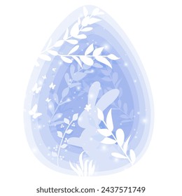 Ilustración vectorial. Banner de feliz Pascua de Navidad con huevo de papel cortado en capas, conejito, flores, mariposas. Diseño para volante de vacaciones, póster, tarjeta de felicitación, invitación de fiesta.
