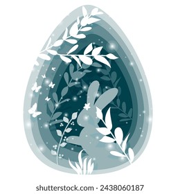 Vector illustration. Happy Easter holiday banner with layered cut out paper egg, bunny, flowers, butterflies. Design for holiday flyer, poster, greeting card, party invitation.