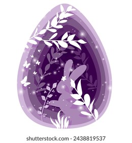 Ilustración vectorial. Banner de feliz Pascua de Navidad con huevo de papel cortado en capas, conejito, flores, mariposas. Diseño para volante de vacaciones, póster, tarjeta de felicitación, invitación de fiesta.