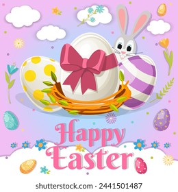 Vector illustration of Happy Easter holiday with painted egg, bunny and flowers on colorful background, international spring holiday design with typography for greeting cards, party invitations.

