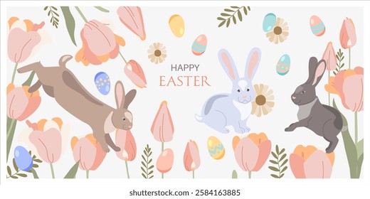 Vector Illustration of Happy Easter Holiday with painted egg, rabbit and flowers. Set Design elements with Typography for Greeting Card, Party Invitation or banner.