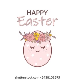 Vector illustration. Happy Easter inscription, Easter egg in a wreath of spring flowers, in pastel colors on a light background. Postcard, invitation, social media