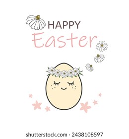 Vector illustration. Happy Easter inscription, Easter egg in a wreath of spring flowers, in pastel colors on a light background. Postcard, invitation, social media
