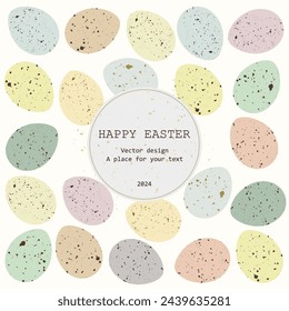 Vector illustration. Happy Easter inscription, Easter eggs, in pastel colors on a light background. Postcard, invitation, social media, banner