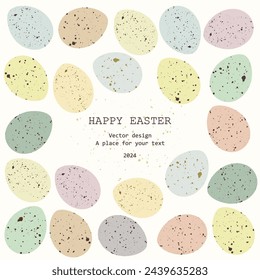 Vector illustration. Happy Easter inscription, Easter eggs, in pastel colors on a light background. Postcard, invitation, social media, banner