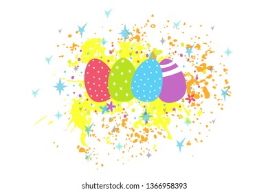 Vector illustration of Happy Easter for invitation template, greeting cards.  Colorful eggs on the background of watercolor splashes, flowers, confetti, stars.  EPS10.