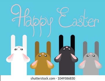 Vector illustration of Happy Easter lettering funny multicolored bunnies on blue background. Easter, spring, holiday, celebration concepts. For greeting card, postcard, brochure, leaflet