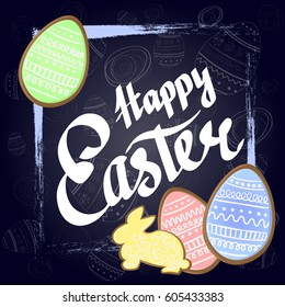Vector illustration. Happy easter. Lettering, calligraphy on a black chalkboard with ginger biscuits, ginger breads in the form of eggs and the Easter bunny.