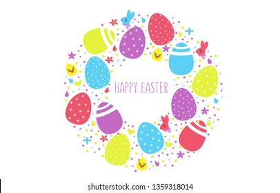 Vector illustration Happy Easter for Easter logo, icon and badge. Congratulations template. Colorful eggs on a background of flowers, festive confetti, hares and chickens.