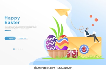 Vector illustration happy easter. a man sends an email and message to his friend about Easter day, the concept of ornamental eggs on a basket, gifts, paper plane. for header, web. Flat cartoon style