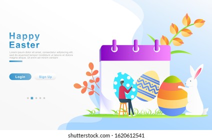 Vector illustration happy easter. man sitting in the garden next to a calendar illustrated with easter ornamental egg, a rabbit carrying a paint egg, set of flower. or header, web. Fllat cartoon style