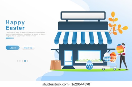 Vector illustration happy easter. a man buys a painted egg by carrying and putting it on a basket, the concept of a shop, grass, flowers, bags. for header, web, apps, UI, UX, frame. Flat cartoon style