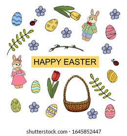 Vector illustration Happy Easter. Easter objects set with flowers, eggs and rabbits. Postcard or design elements. 