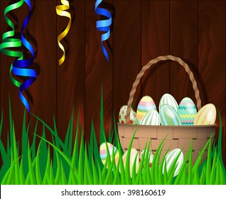 Vector illustration of a happy Easter on wooden background