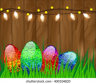 Vector illustration of a happy Easter on wooden background