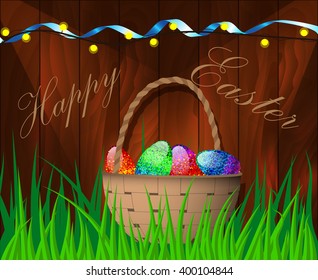 Vector illustration of a happy Easter on wooden background