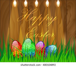 Vector illustration of a happy Easter on wooden background