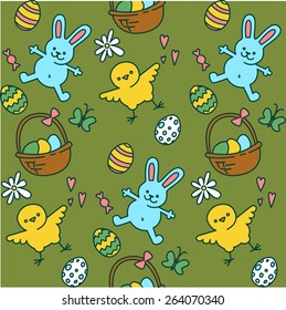 Vector Illustration of happy easter pattern with rabbit, chicken and egg
