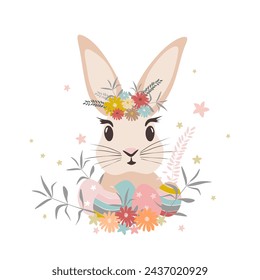 Ilustración vectorial. Feliz Pascua. Postal con lindo conejito de Pascua, huevos, flores de primavera en colores pastel aislados sobre fondo blanco.