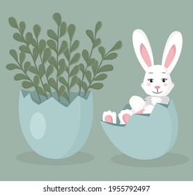Vector. Illustration Happy Easter. Easter rabbit sitting in the egg. There are green branches in another egg shell. You can use it for greeting cards or another Easter decorations.