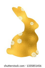 Vector illustration for Happy Easter, Resurrection of Christ. Easter gold foil texture bunny silhouette. To create design, print postcards, banners with Easter rabbit festive in golden color