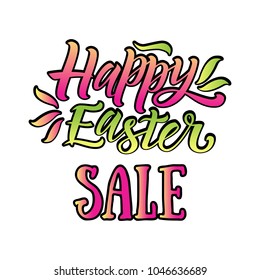 Vector illustration of Happy Easter sale text. Flat design spring banner of modern calligraphy style. Vector Easter poster sale background template pink, green, yellow, white colors. EPS 10