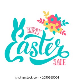 Vector illustration of Happy Easter Sale text with flowers and eggs. Clearance design, sale, discount, marketing price tag. Flat design spring banner of modern calligraphy style. EPS 10